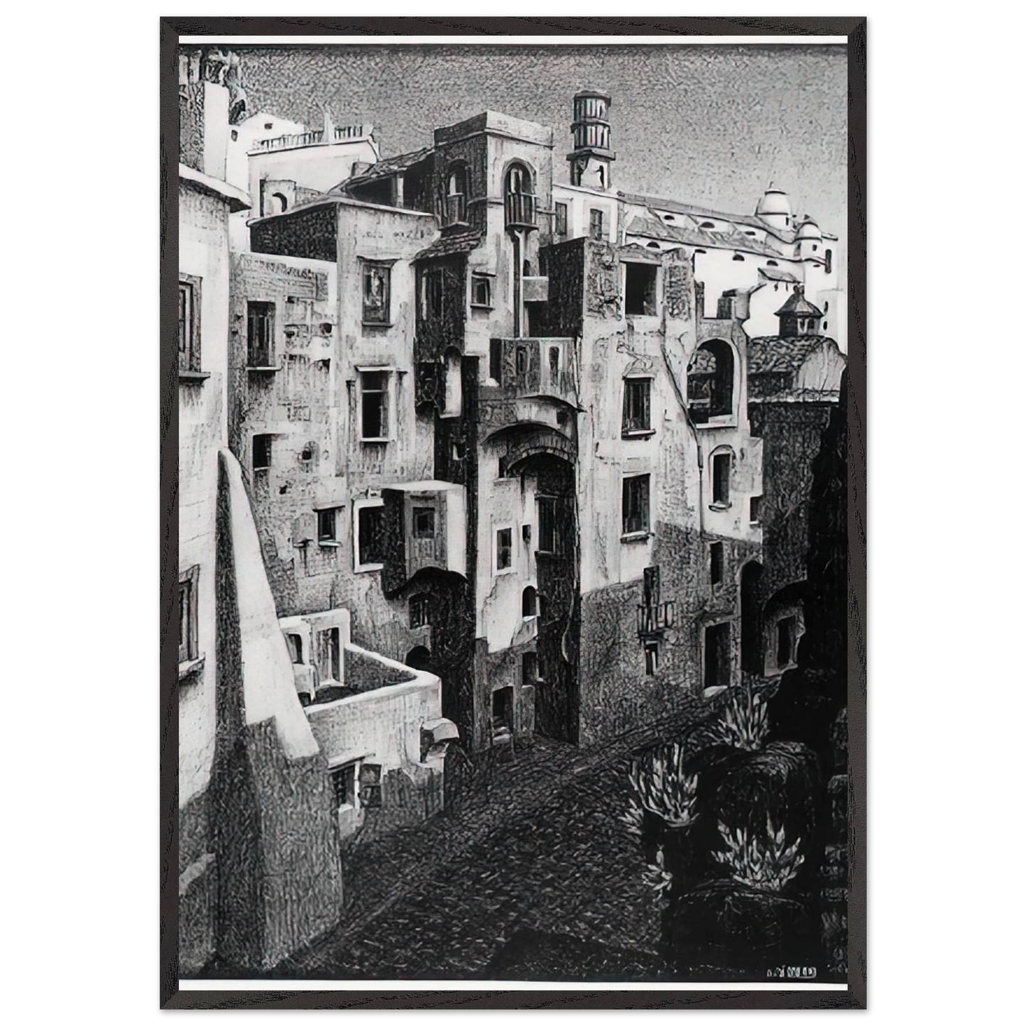 DILAPIDATED HOUSES IN ATRANI 1931 - MC Escher Framed Art Print – Black Wooden Frame - Default Title - -Framed Art Print