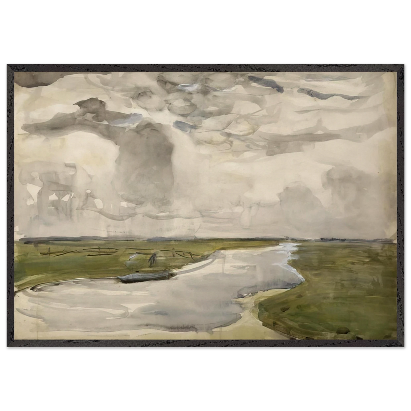 Meandering Landscape with River - Piet Mondrian 70x100 cm / 28x40 inches Framed Art Print – Black Wooden Frame