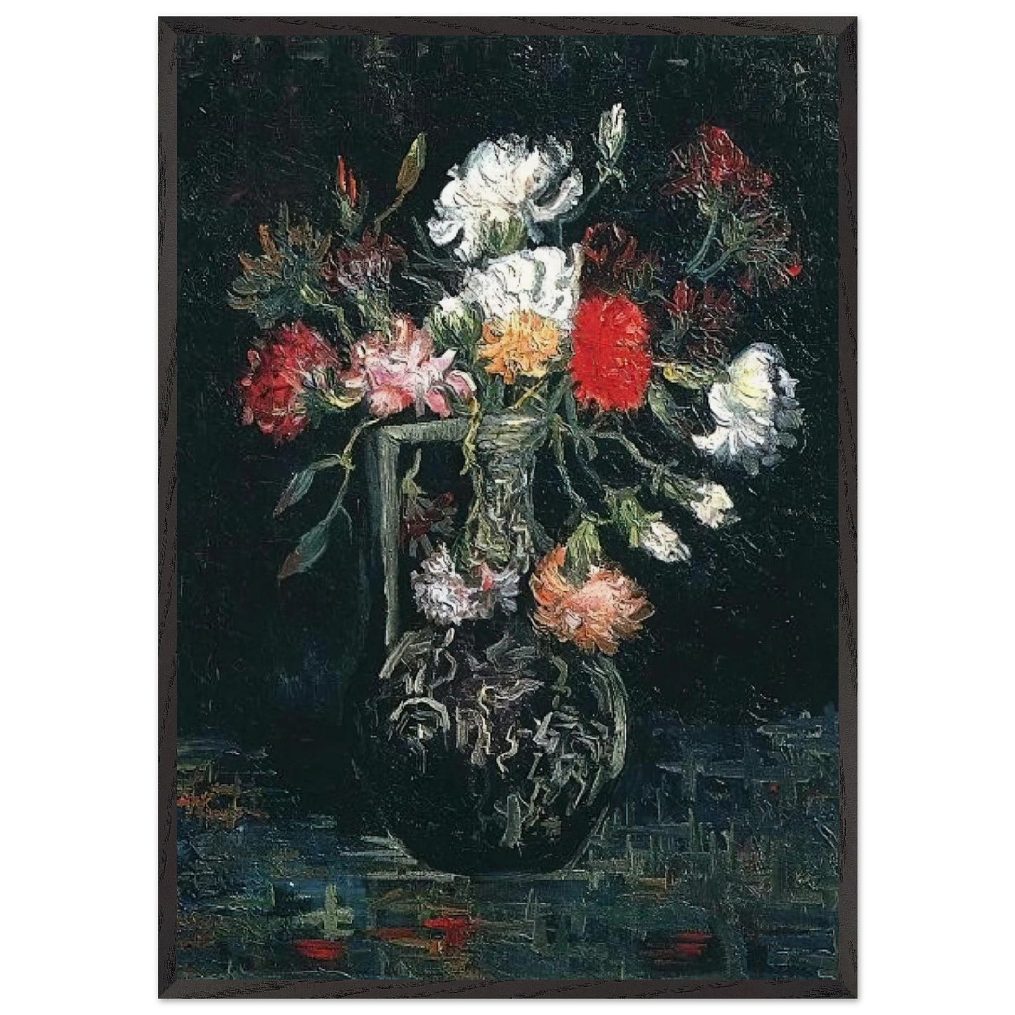 Vase with White and Red Carnations - Vincent van Gogh Framed Art Print – Black Wooden Frame - Default Title - -Framed Art Print