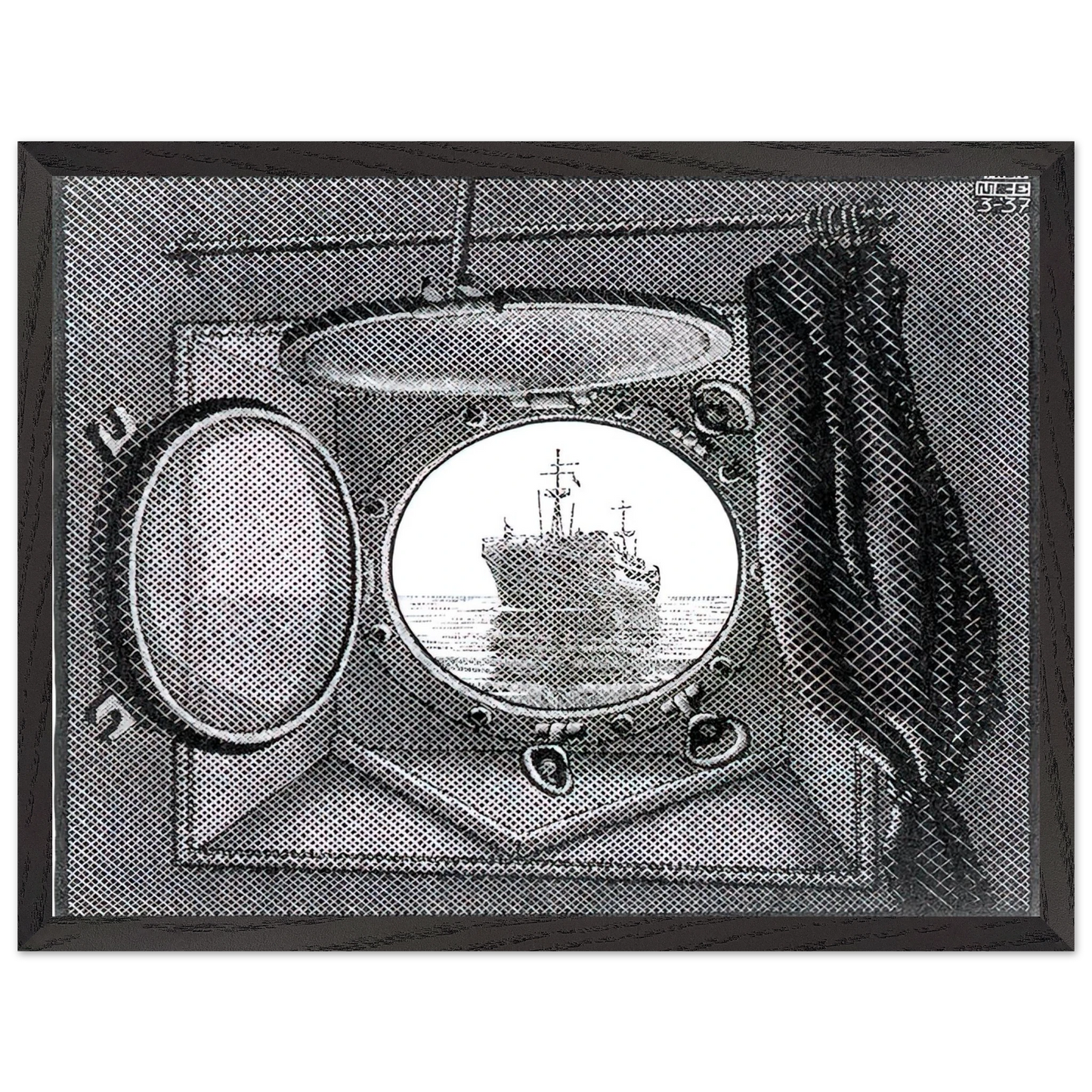 MC Escher - PORTHOLE Wall Art - 21x29.7 cm / 8x12" - Premium Wooden Framed Poster With Fine Art Paper - White frame