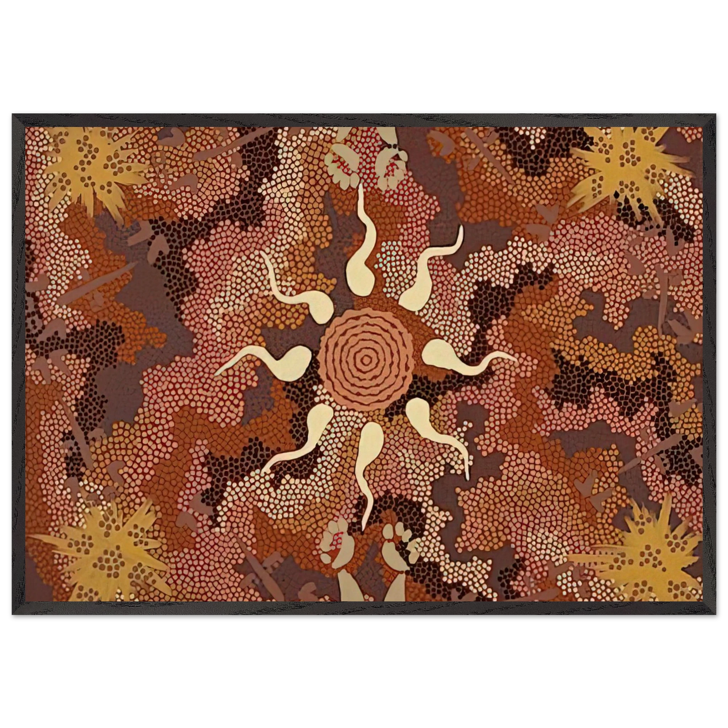 Bush Tucker and Kangaroo Dreaming at Mount Denison - 1993 - Clifford Possum Tjapaltjarri 70x100 cm / 28x40 inches Framed Art Print – Black Wooden Frame