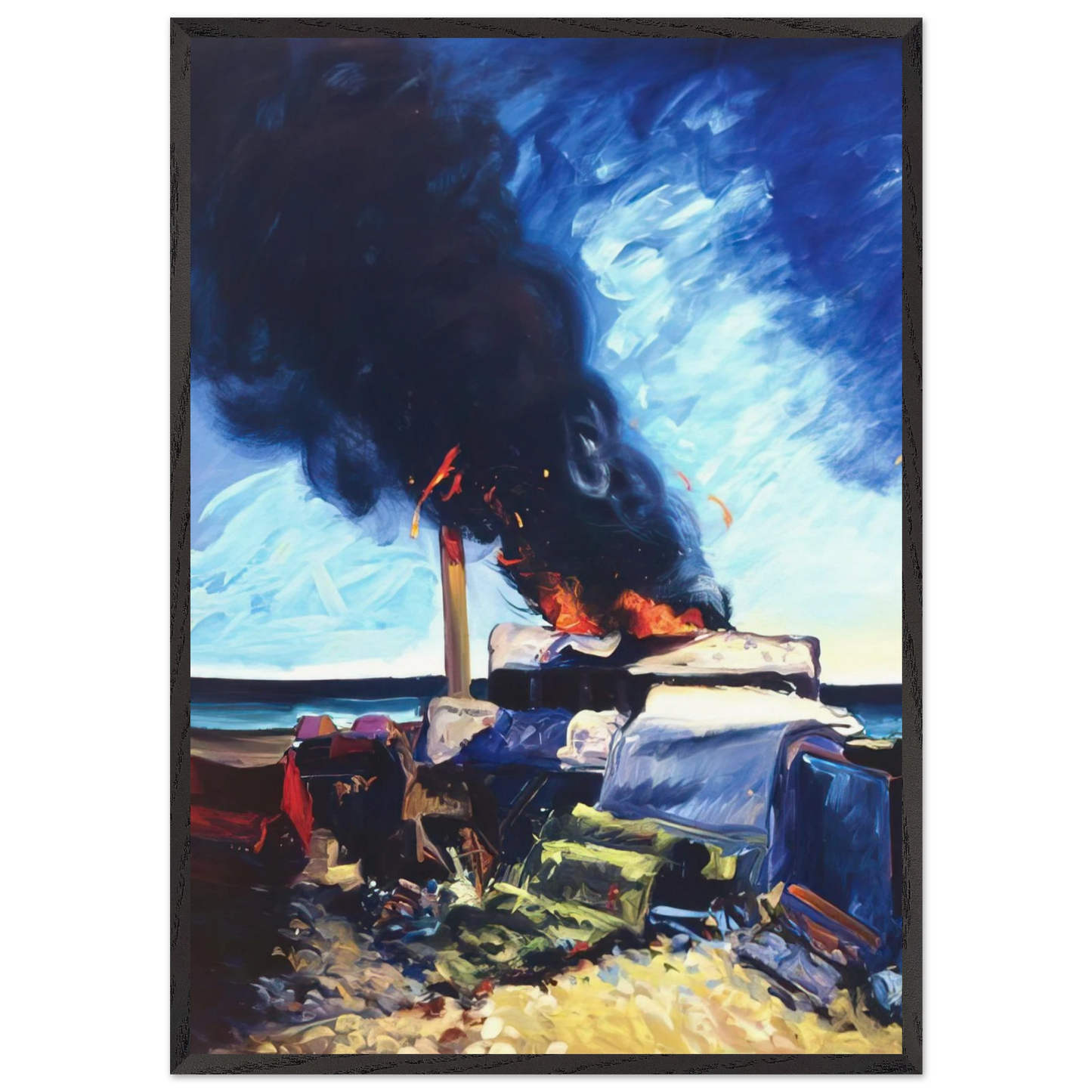 Beach Trash Burning - 1982 - Carlos Almaraz 70x100 cm / 28x40 inches Framed Art Print – Black Wooden Frame
