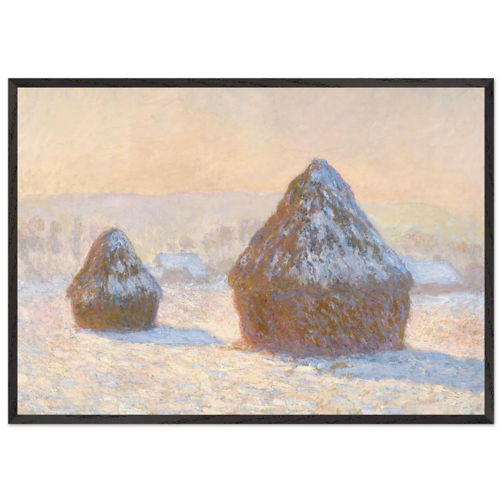 Wheatstacks Snow Effect Morning - claude monet 70x100 cm / 28x40 inches Framed Art Print – Black Wooden Frame