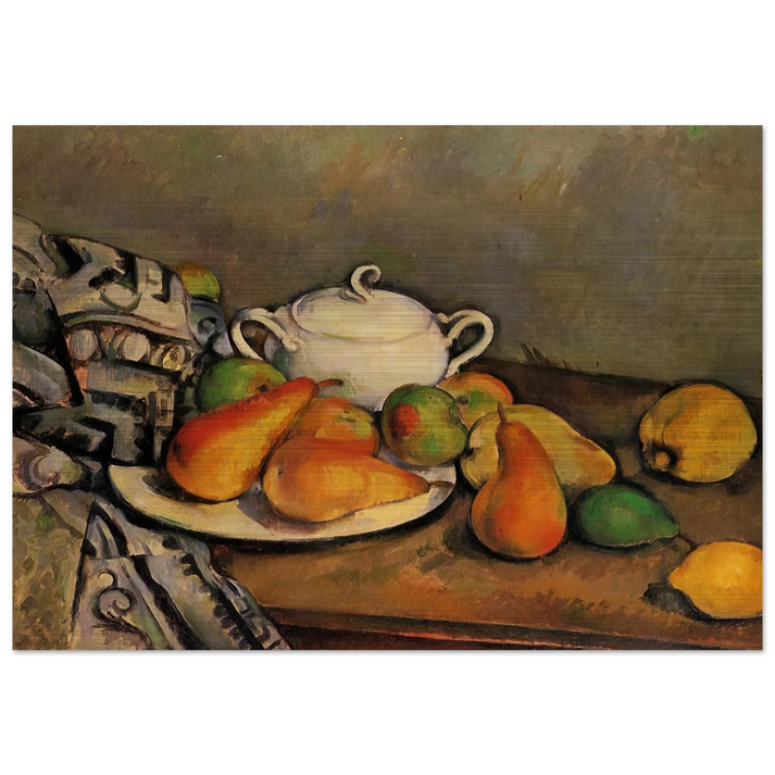 Sugarbowl, Pears and Tablecloth - Paul Cézanne Brushed Aluminum Print - 70x100 cm / 28x40 inches | Paul Cézanne Aluminum Print | Paul Cézanne Prints