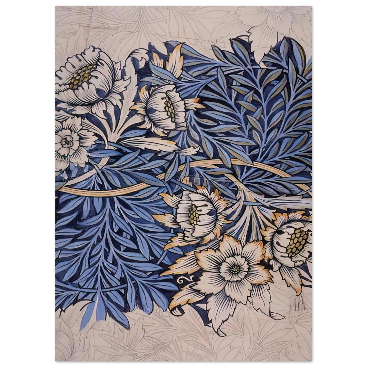 William Morris - DESIGN FOR TULIP AND WILLOW INDIGO DISCHARGE WOOD BLOCK PRINTED FABRIC 1873 Fine Art Poster - 75x100 cm / 30x40 inches