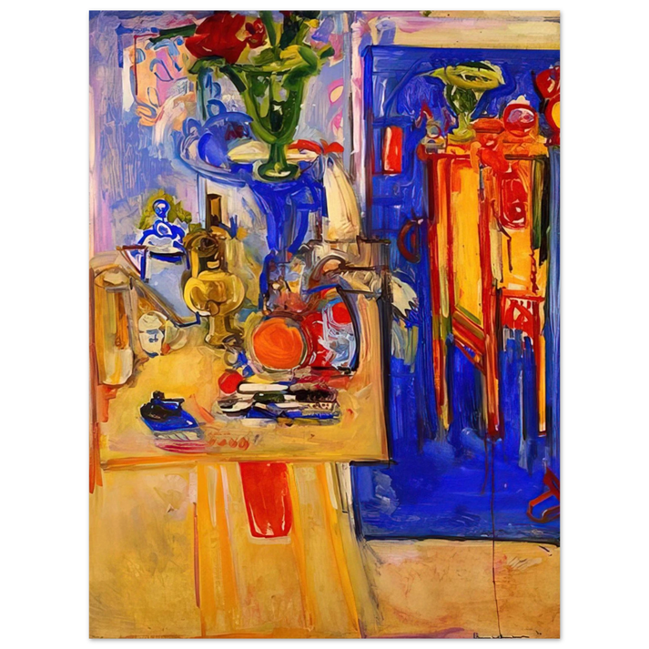 Hans Hofmann - Table with Teakettle, Green Vase and Red Flowers 75x100 cm / 30x40inches Fine Art Poster