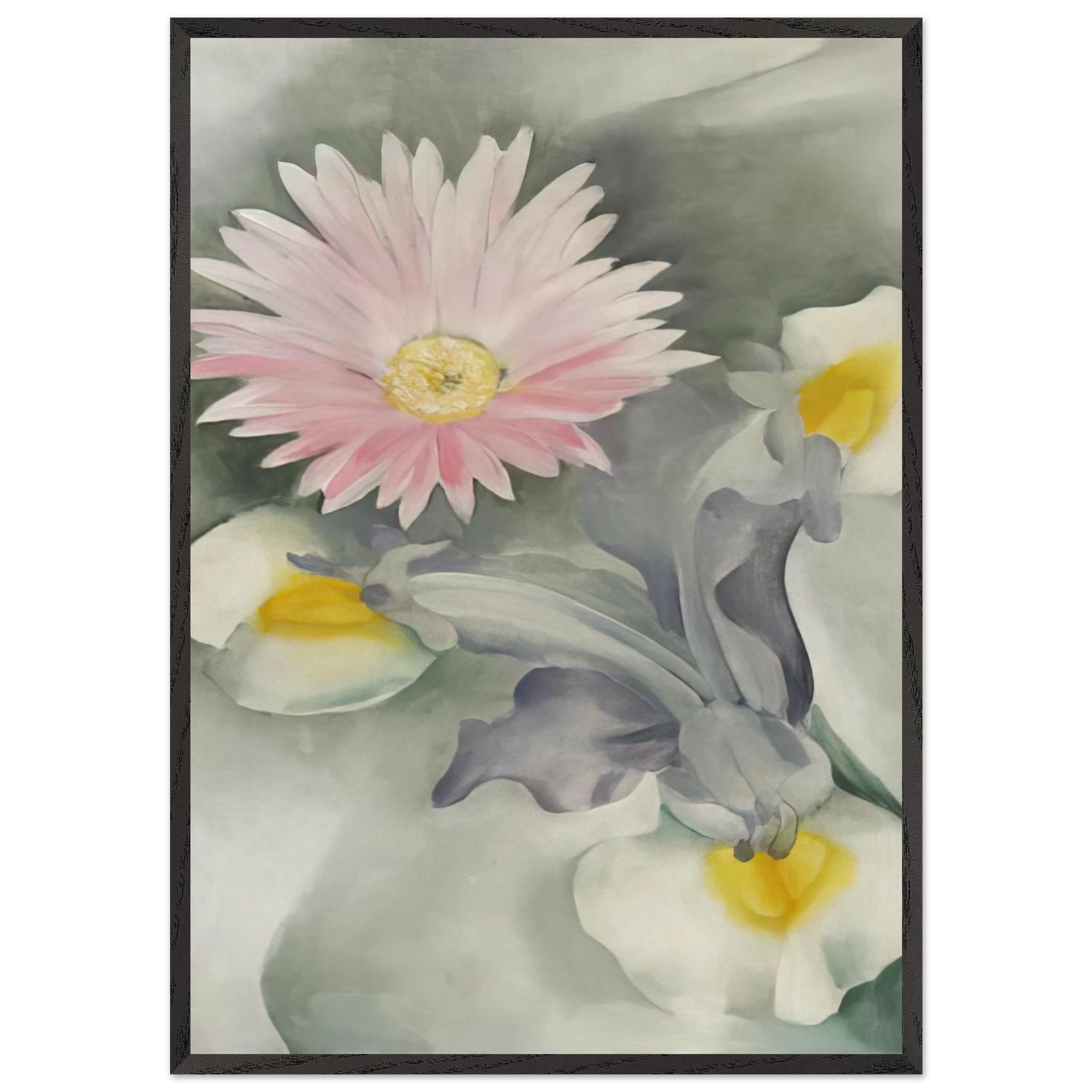 Pink Daisy with Iris - Georgia OKeeffe 70x100 cm / 28x40 inches Framed Art Print – Black Wooden Frame