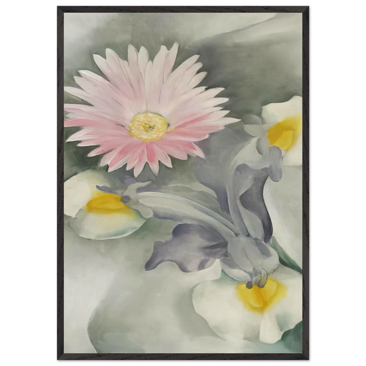 Pink Daisy with Iris - Georgia OKeeffe 70x100 cm / 28x40 inches Framed Art Print – Black Wooden Frame