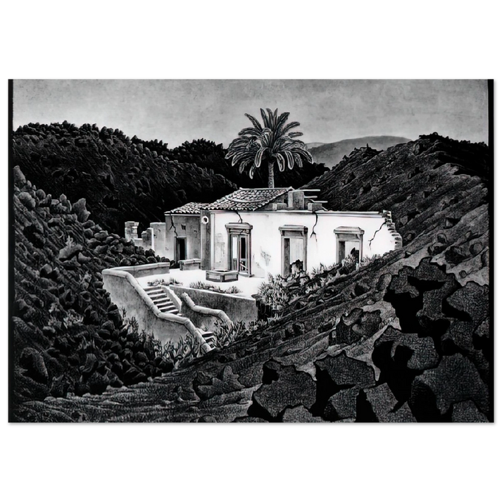 MC Escher - HOUSE IN THE LAVA NEAR NUNZIATA Wall Art - 21x29.7 cm / 8x12" - Premium Wooden Framed Poster With Fine Art Paper-canvas - Wood frame