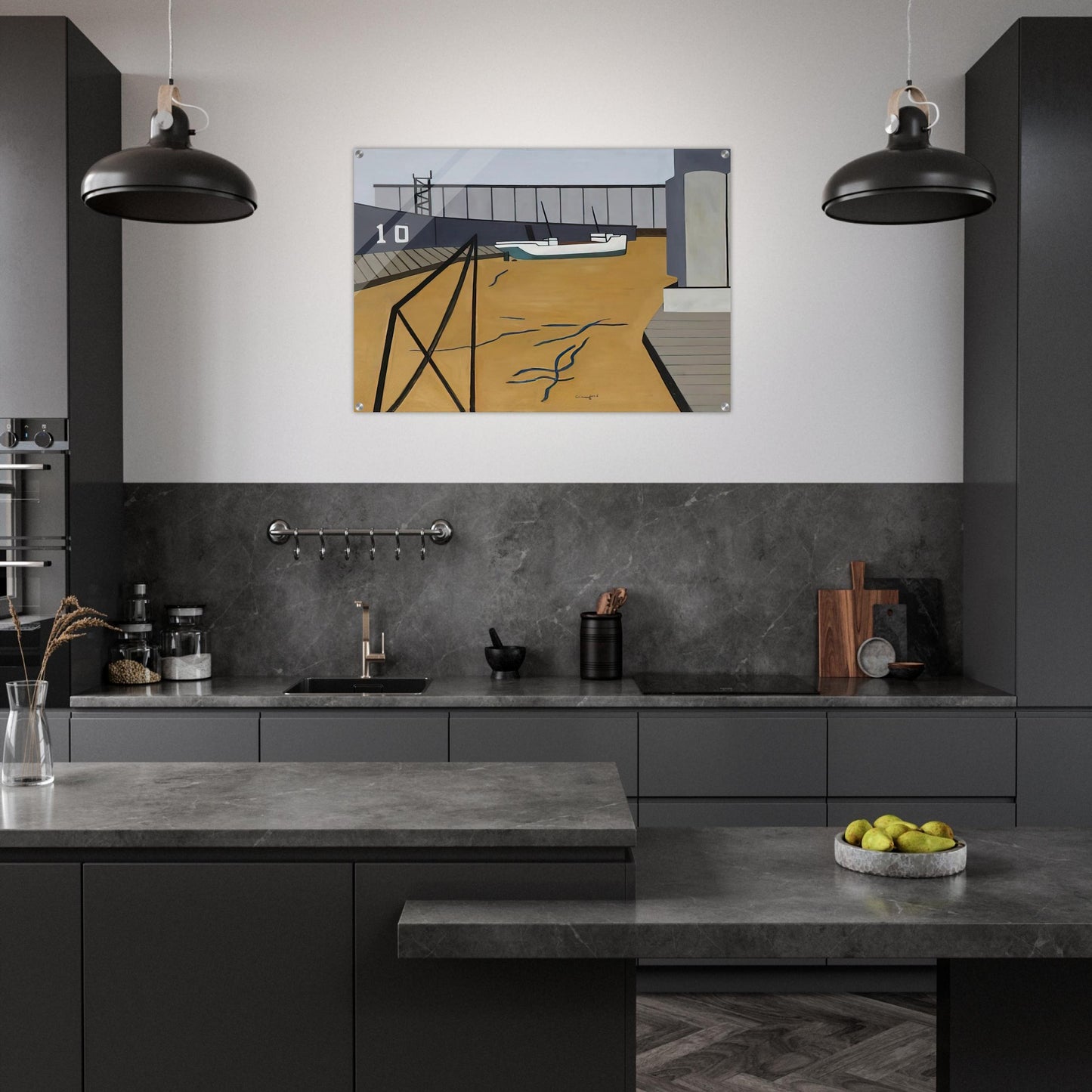 Boat and Grain Elevators - 1942 - Ralston Crawford Acrylic Print - 70x100 cm / 28x40″ inches | Ralston Crawford Wall Art | Ralston Crawford Prints