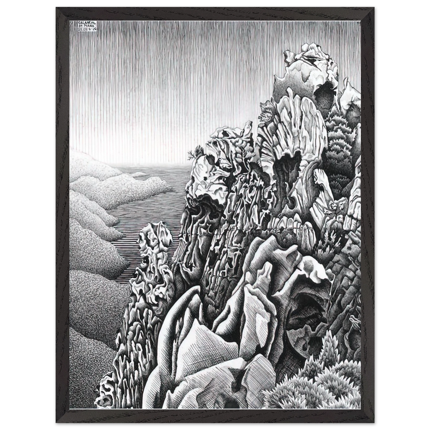MC Escher - CALANQUES DE PIANA Wall Art - 60x80 cm / 24x32 inches - Premium Wooden Framed Poster With Fine Art Paper - White frame