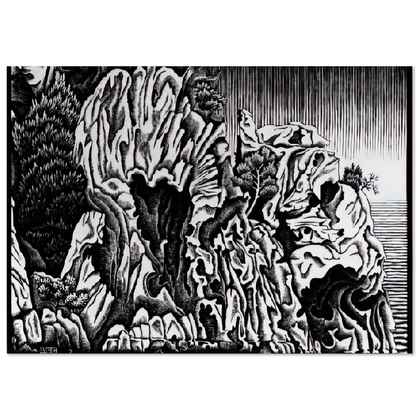 MC Escher - CALANCHE OF PIANA CORSICA FEBRUARY 1934 1934 Wall Art - 21x29.7 cm / 8x12" - Premium Wooden Framed Poster With Fine Art Paper - Black frame