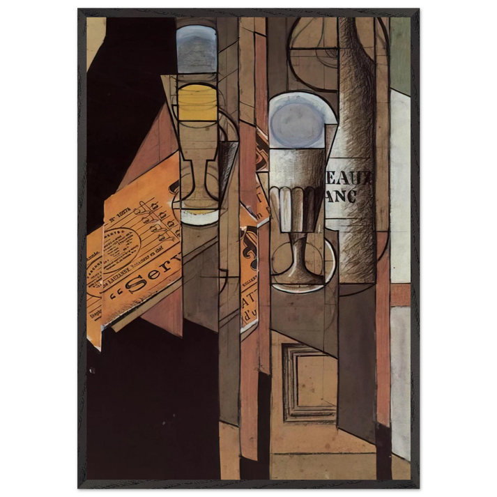 GLASSES NEWSPAPER AND BOTTLE OF WINE - Juan Gris 70x100 cm / 28x40 inches Framed Art Print – Black Wooden Frame