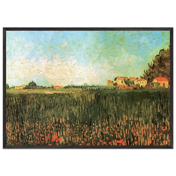 Farmhouses in a Wheat Field Near Arles - Vincent van Gogh 70x100 cm / 28x40 inches Framed Art Print – Black Wooden Frame