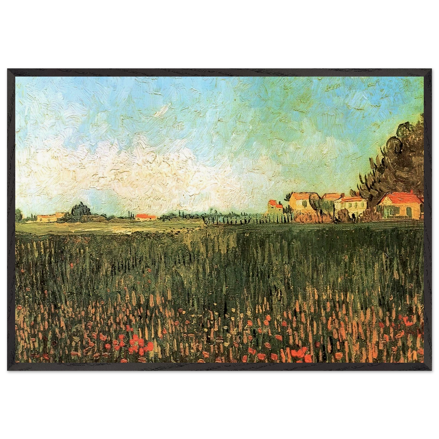 Farmhouses in a Wheat Field Near Arles - Vincent van Gogh Framed Art Print – Black Wooden Frame - Default Title - -Framed Art Print