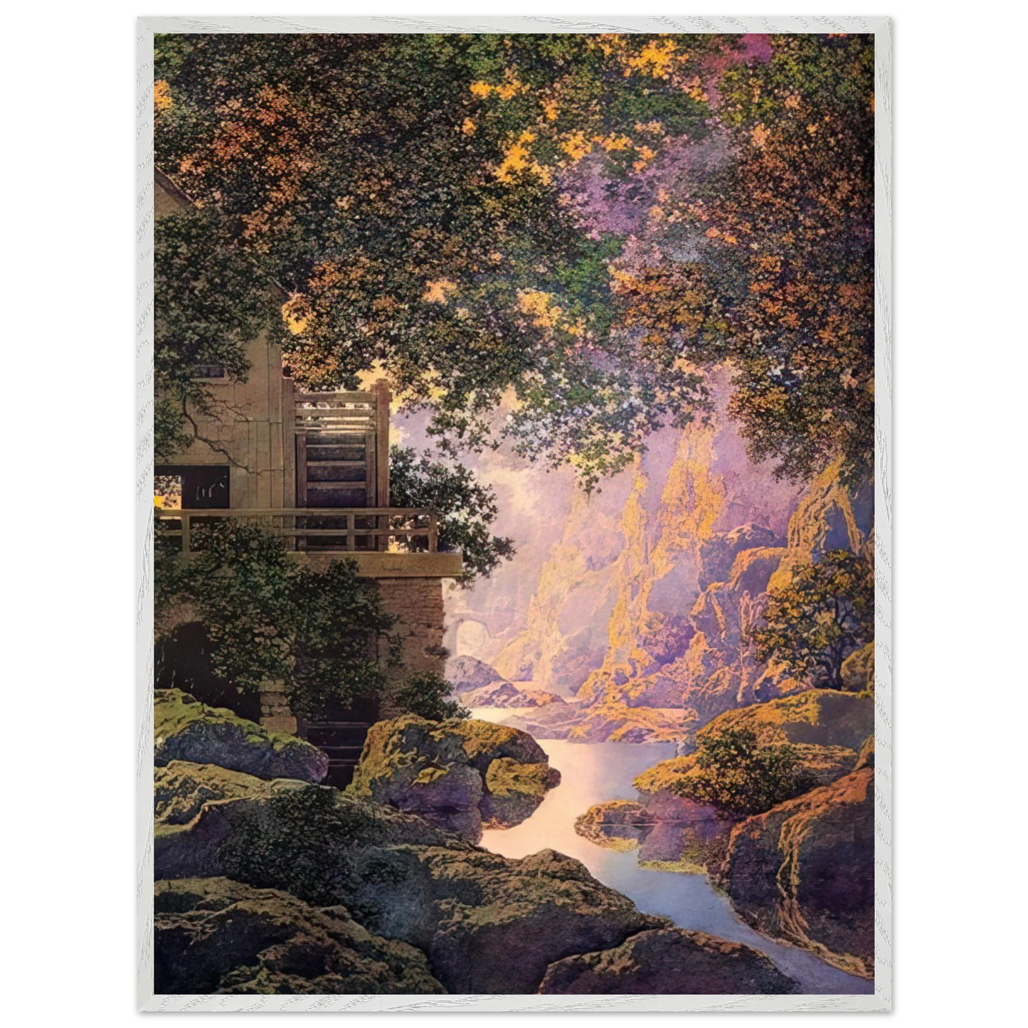 Maxfield Parrish - The Old Glen Mill Large Wall Art - 60x80 cm / 24x32 inches - Premium Wooden Framed Poster With Fine Art Paper-canvas - White frame