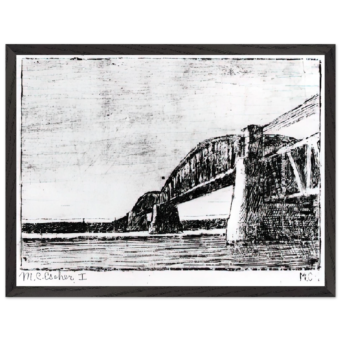 MC Escher - RAILWAY BRIDGE OOSTERBEEK Wall Art - 60x80 cm / 24x32 inches - Premium Wooden Framed Poster With Fine Art Paper-canvas - Wood frame