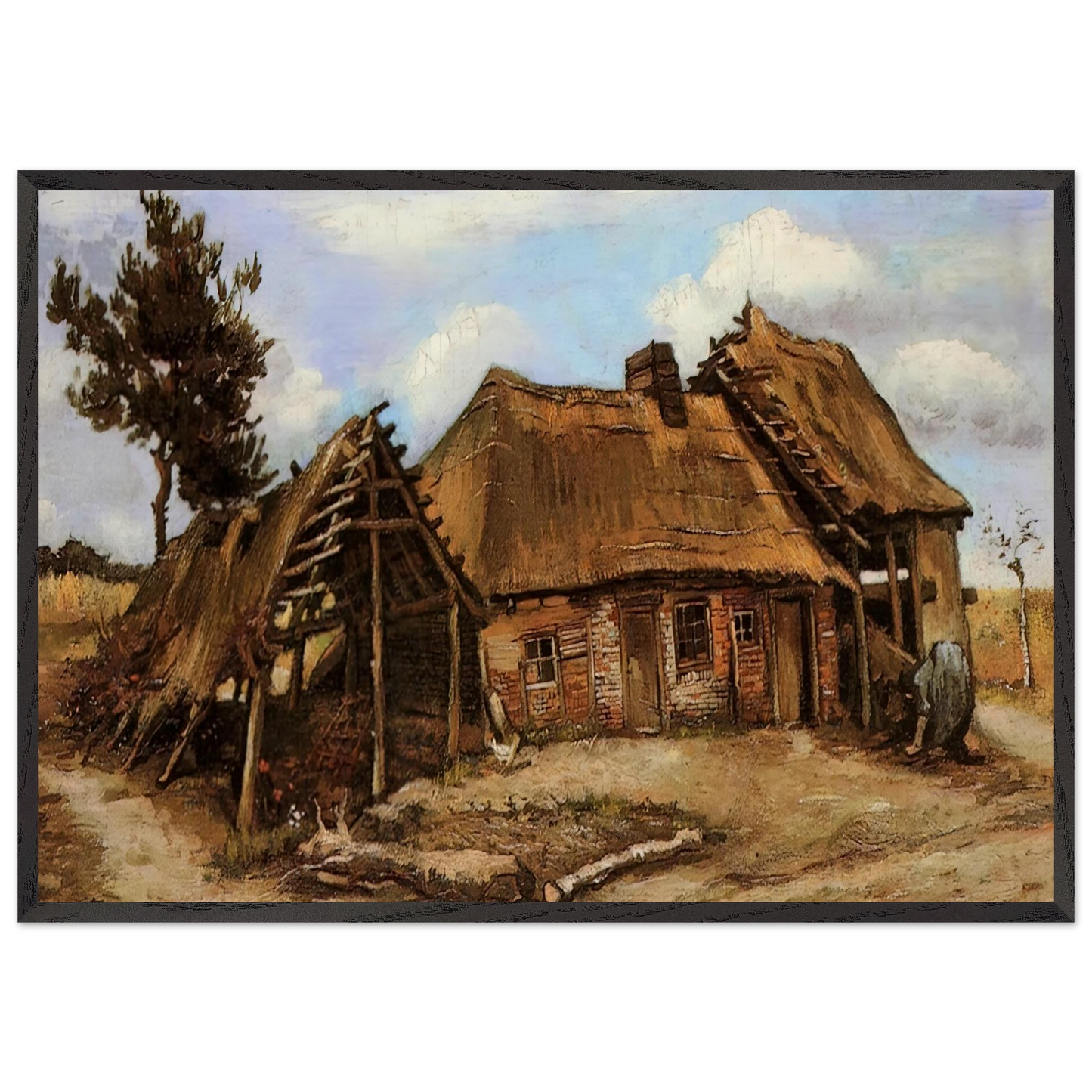 Cottage with Decrepit Barn and Stooping Woman - Vincent van Gogh Framed Art Print – Black Wooden Frame - Default Title - -Framed Art Print