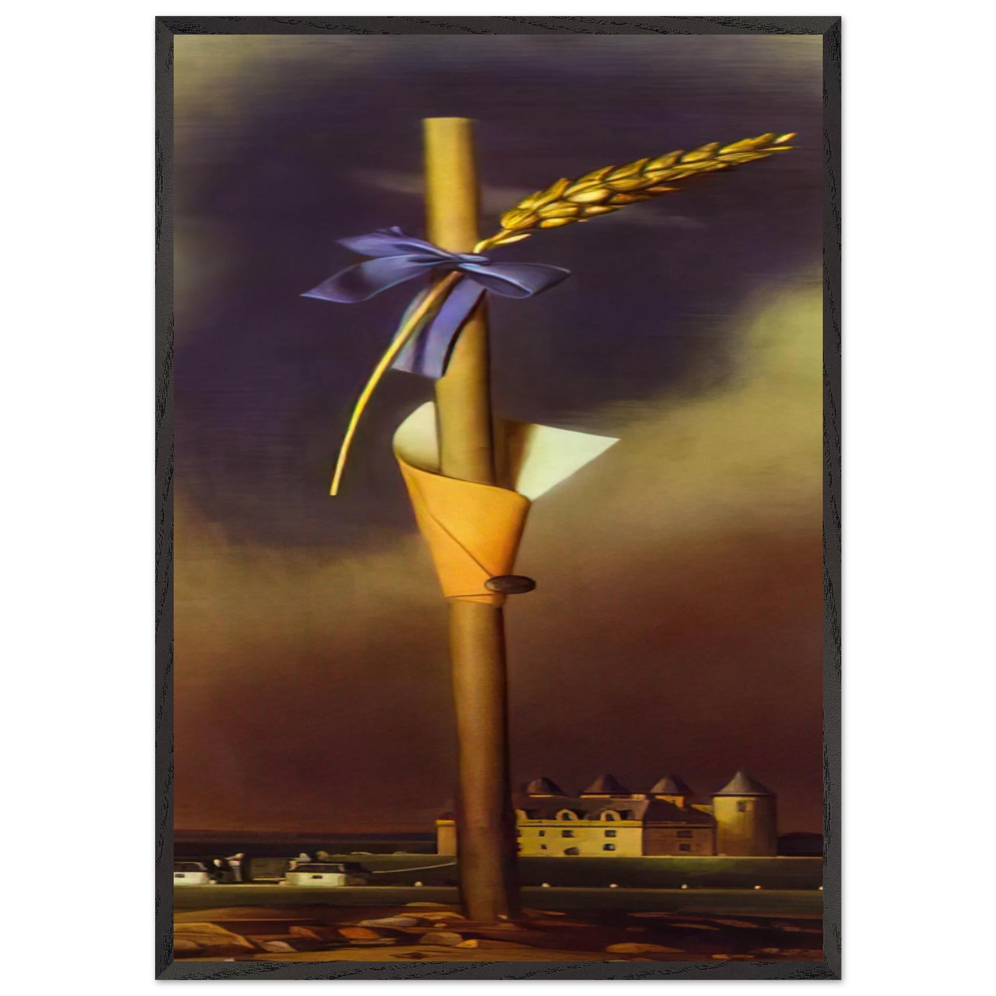 BLUE KNOT AND EAR OF WHEAT NEXT TO THE CASTLE - Salvador Dali Framed Art Print – Black Wooden Frame - Default Title - -Framed Art Print