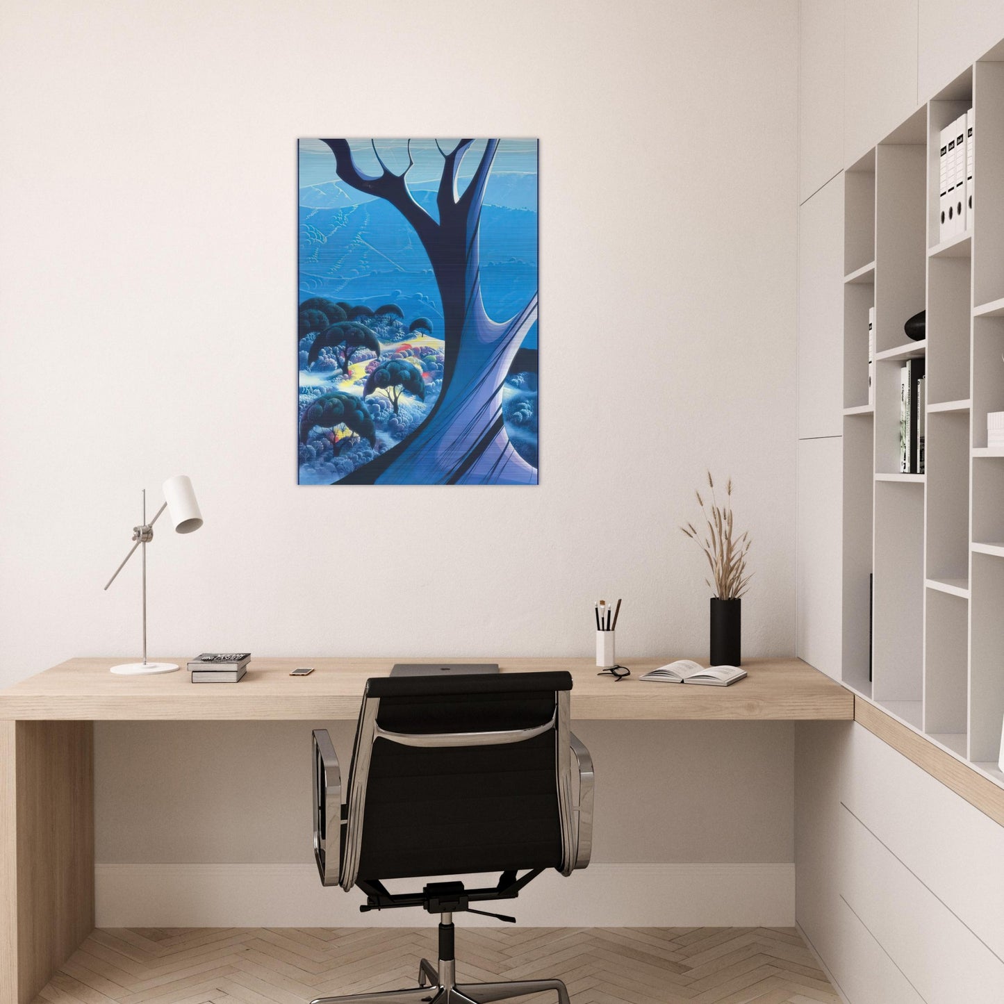 Purple Treeand Mountains - Eyvind Earle Brushed Aluminum Print - 70x100 cm / 28x40 inches | Eyvind Earle Aluminum Print | Eyvind Earle Prints