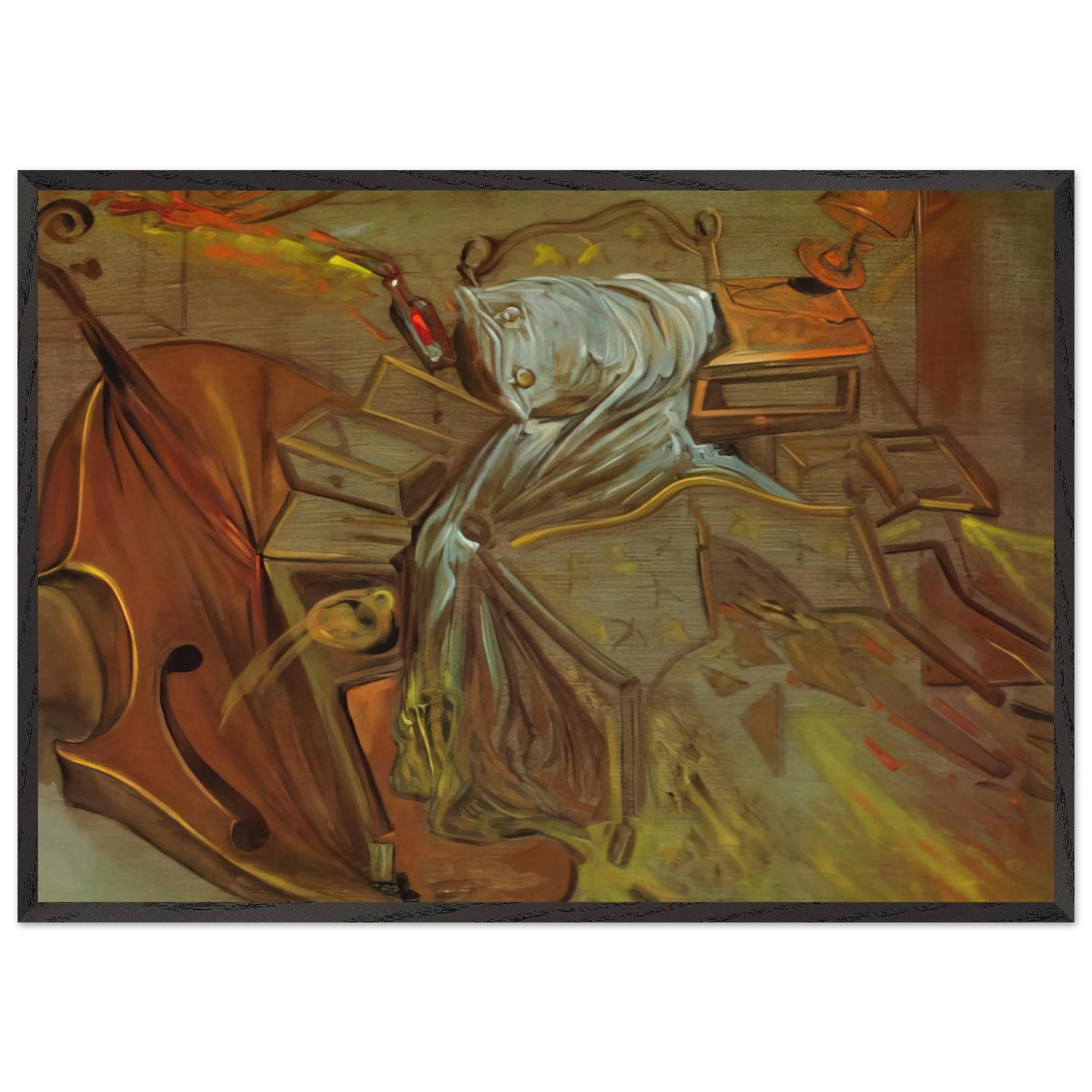 BED AND TWO BEDSIDE TABLES FEROCIOUSLY ATTACKING A CELLO - Salvador Dali Framed Art Print – Black Wooden Frame - Default Title - -Framed Art Print