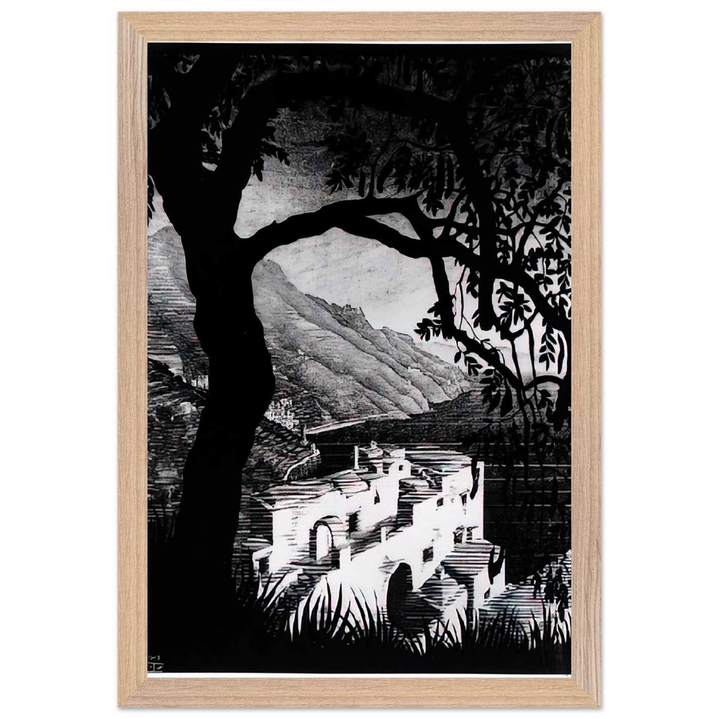 MC Escher - COAST OF AMALFI Wall Art - 60x80 cm / 24x32 inches - Premium Wooden Framed Poster With Fine Art Paper - Wood frame