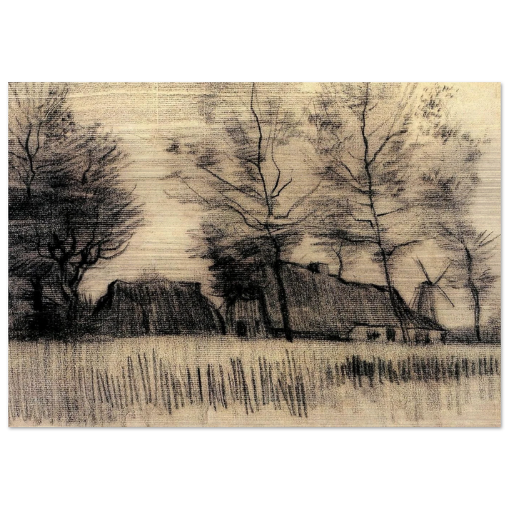 Landscape with Cottages and a Mill - Vincent van Gogh Brushed Aluminum Print - 70x100 cm / 28x40 inches | Vincent van Gogh Aluminum Print | Vincent van Gogh Prints