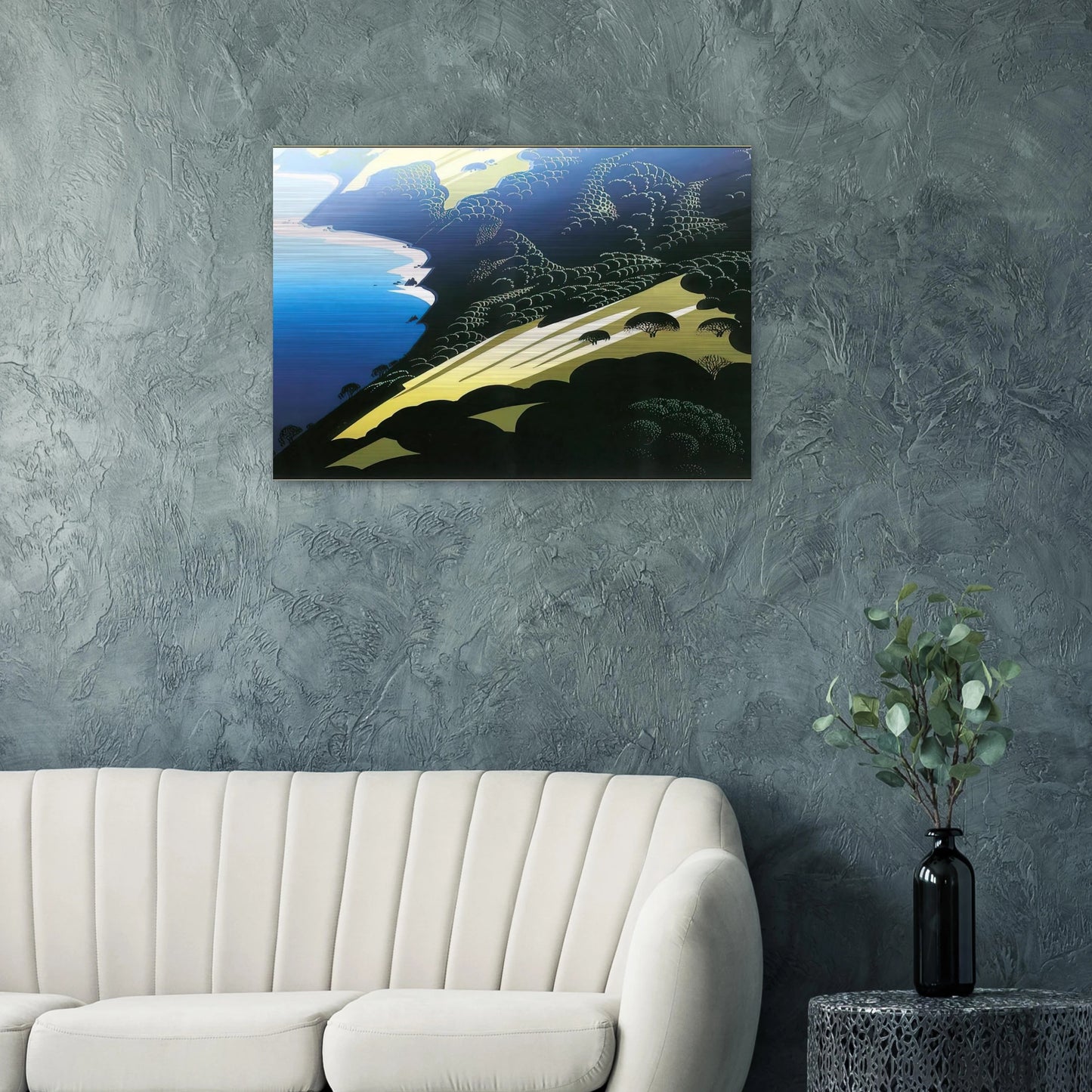 Seaside Pastures - Eyvind Earle Brushed Aluminum Print - 70x100 cm / 28x40 inches | Eyvind Earle Aluminum Print | Eyvind Earle Prints