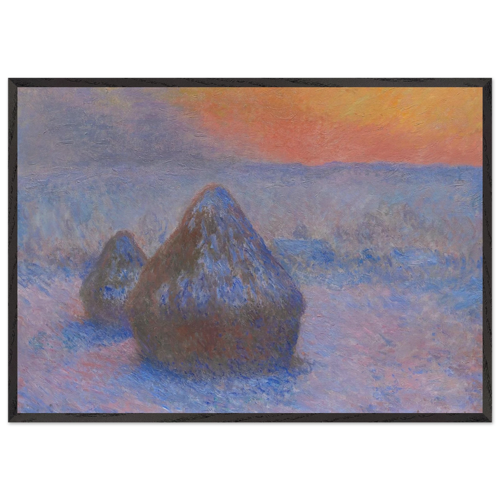 Stacks of Wheat Sunset Snow Effect - claude monet 70x100 cm / 28x40 inches Framed Art Print – Black Wooden Frame