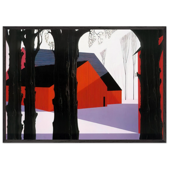Red Barn - Eyvind Earle 70x100 cm / 28x40 inches Framed Art Print – Black Wooden Frame