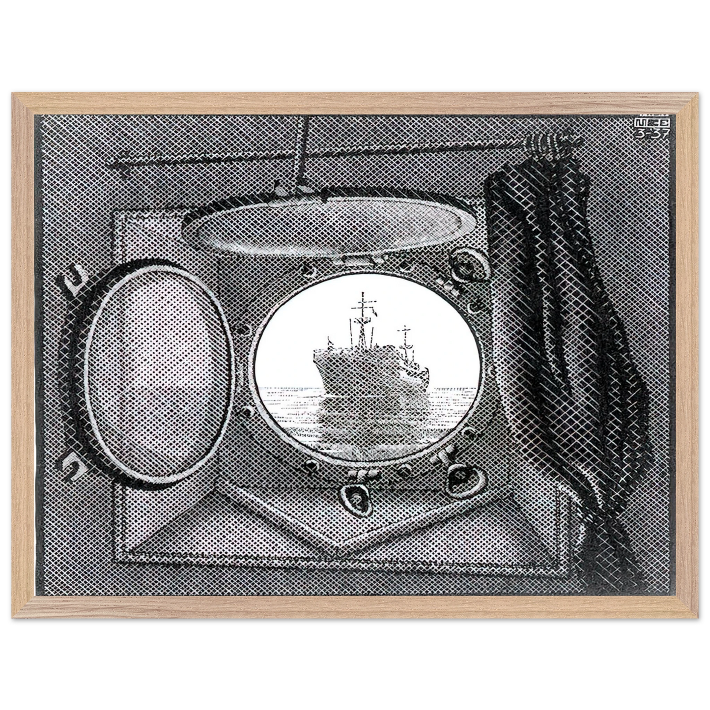 MC Escher - PORTHOLE Wall Art - 21x29.7 cm / 8x12" - Premium Wooden Framed Poster With Fine Art Paper - Wood frame
