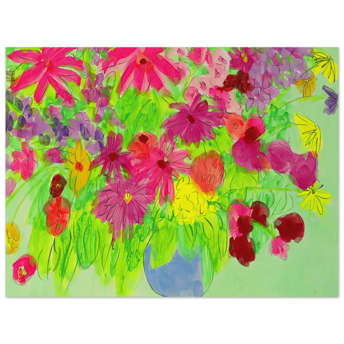 Walasse Ting - Blue Vase, Many Flowers - Naïve Art Primitivism, Pop Art Fine Art Poster - Default Title