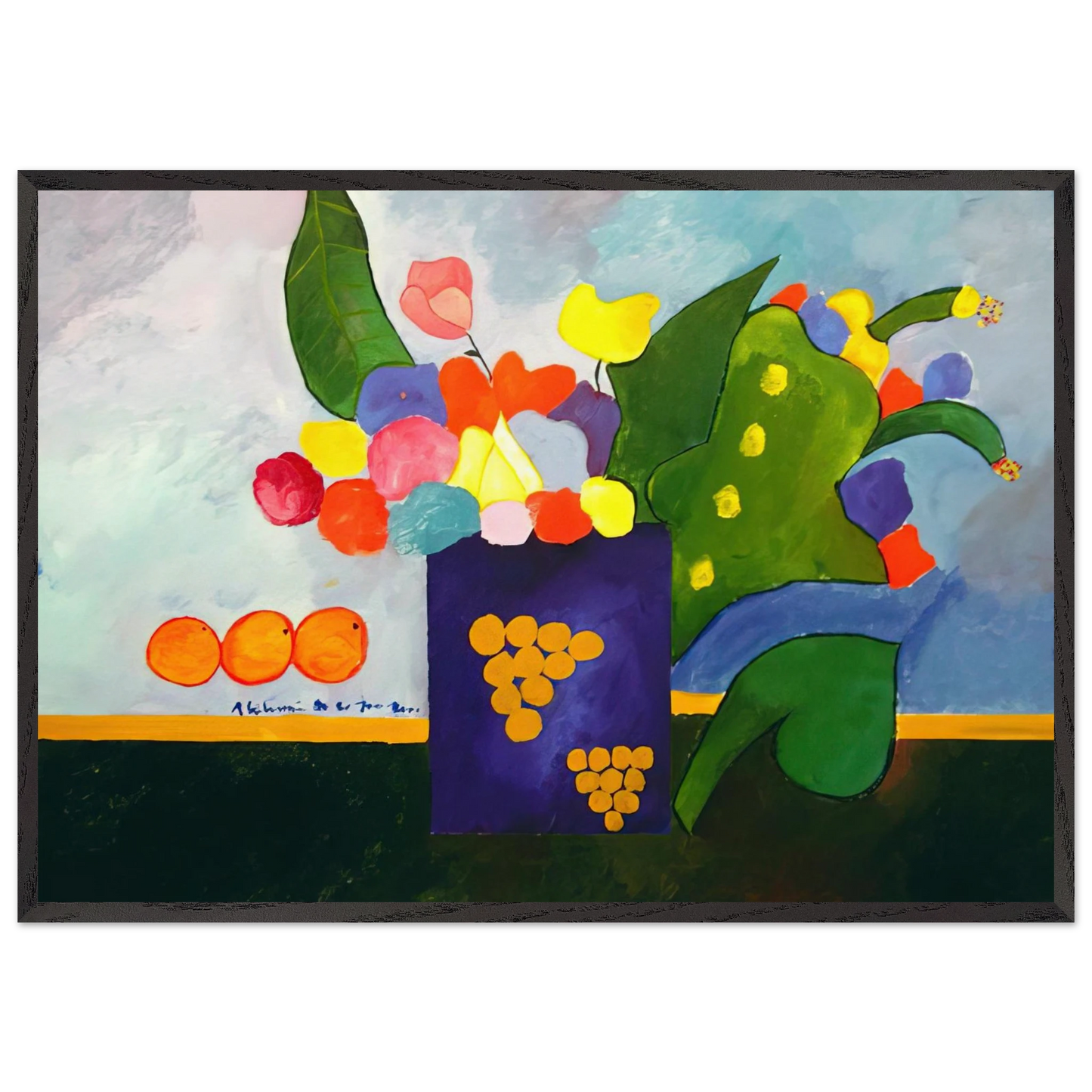 Vase With Flowers and Fruit - 2001 - Aldemir Martins Framed Art Print – Black Wooden Frame - Default Title - -Framed Art Print