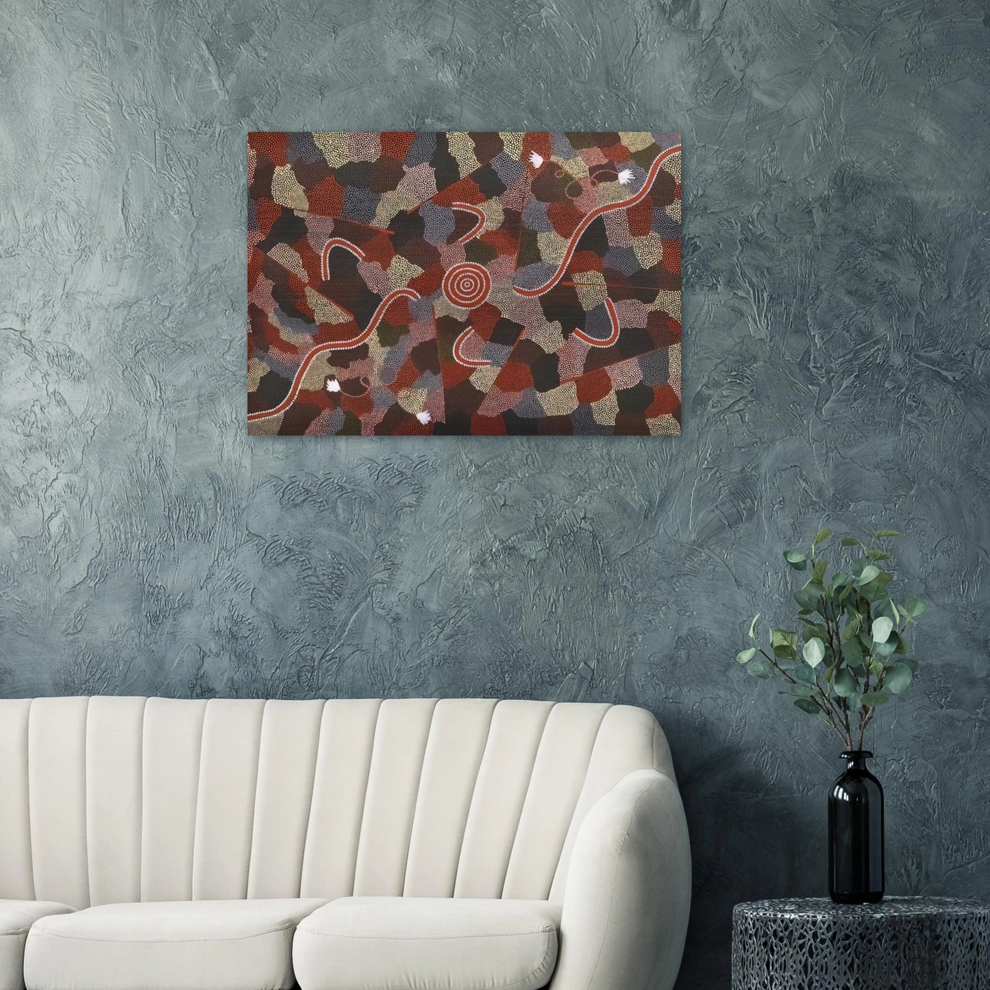 Family Dreaming - Native Art - Clifford Possum Tjapaltjarri Brushed Aluminum Print - 70x100 cm / 28x40 inches | Clifford Possum Tjapaltjarri Aluminum Print | Clifford Possum Tjapaltjarri Prints