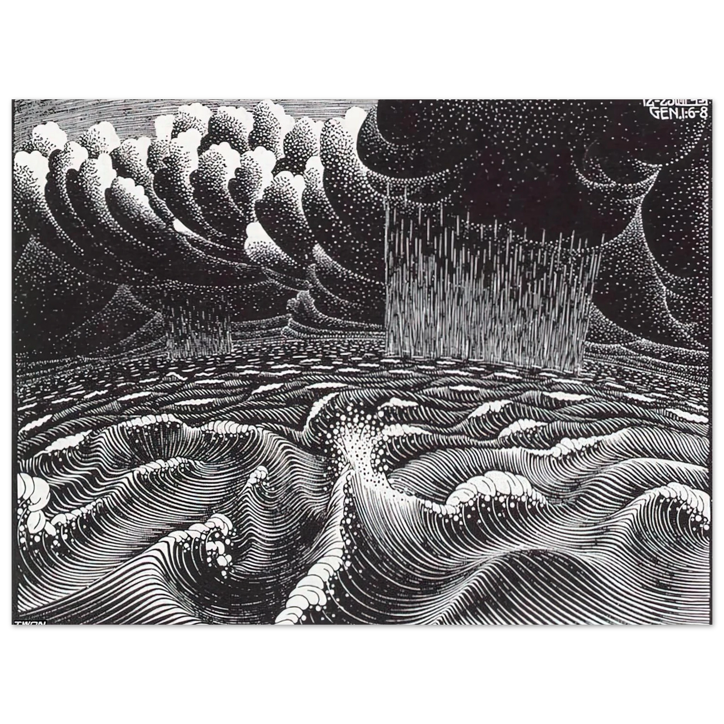 MC Escher - THE 2ND DAY OF THE CREATION Wall Art - 60x80 cm / 24x32 inches - Premium Wooden Framed Poster With Fine Art Paper - Black frame