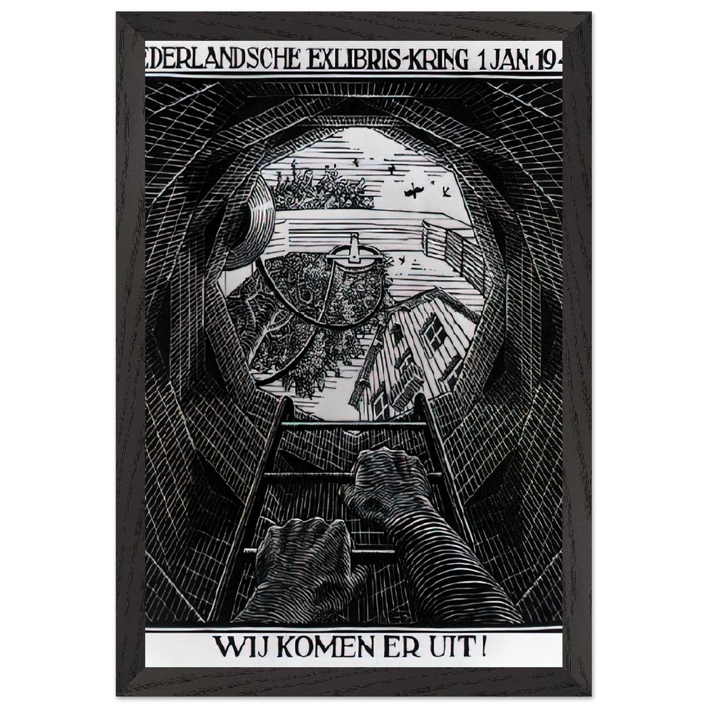 MC Escher - NEW YEAR S GREETING CARD Wall Art - 30x40 cm / 12x16 inches - Premium Wooden Framed Poster With Fine Art Paper - Wood frame