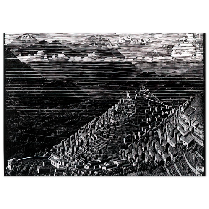 MC Escher - MORANO CALABRIA Wall Art - 60x80 cm / 24x32 inches - Premium Wooden Framed Poster With Fine Art Paper - Wood frame