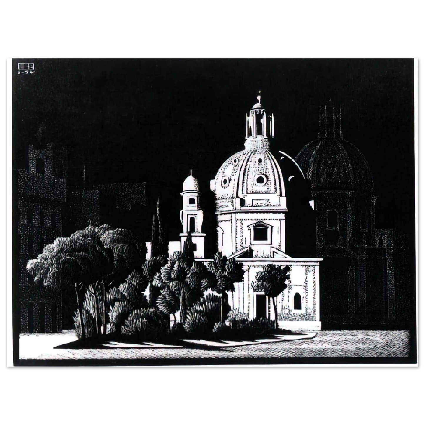 MC Escher - NOCTURNAL ROME 1 Wall Art - 60x80 cm / 24x32 inches - Premium Wooden Framed Poster With Fine Art Paper - Wood frame