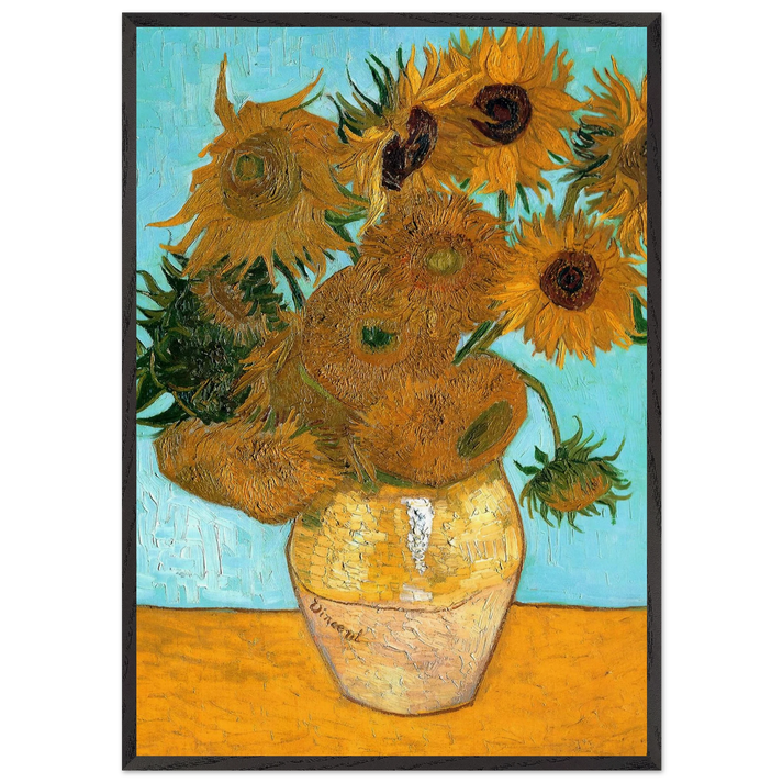 Still Life - Vase with Twelve Sunflowers - Vincent van Gogh 70x100 cm / 28x40 inches Framed Art Print – Black Wooden Frame