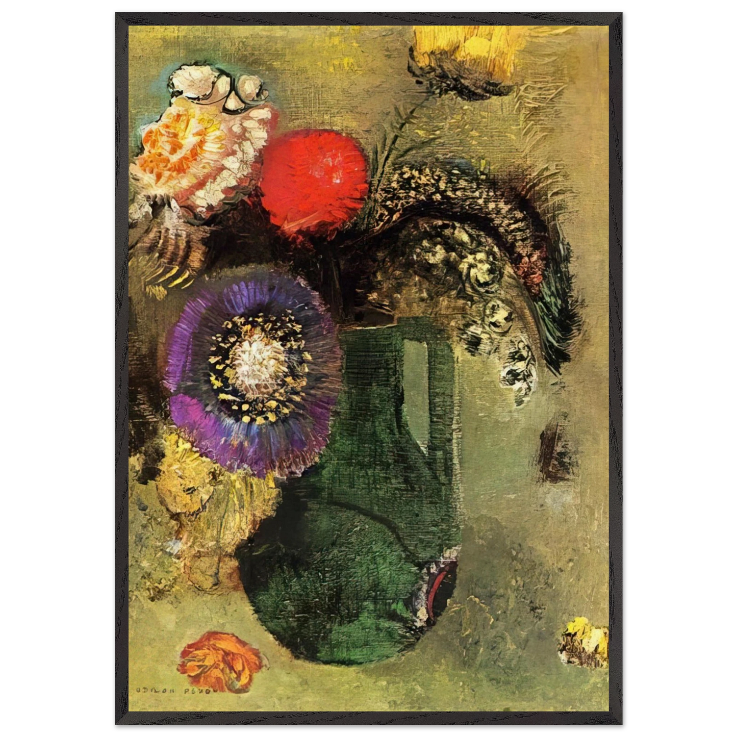 FLOWERS IN GREEN VASE WITH HANDLES - Odilon Redon 70x100 cm / 28x40 inches Framed Art Print – Black Wooden Frame