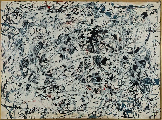 Abstract Jackson Pollock: Decoding the Chaos of Drip Painting - COMPOSITION WHITE BLACK BLUE AND RED ON WHITE 1948 by Jackson Pollock