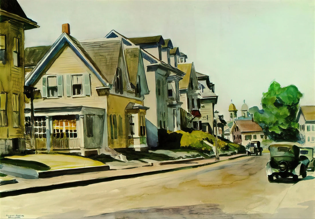 Edward Hopper Summer Evening Print: A Study in Solitude and American Light - Sun on Prospect Street Gloucester, Massachusetts by Edward Hopper
