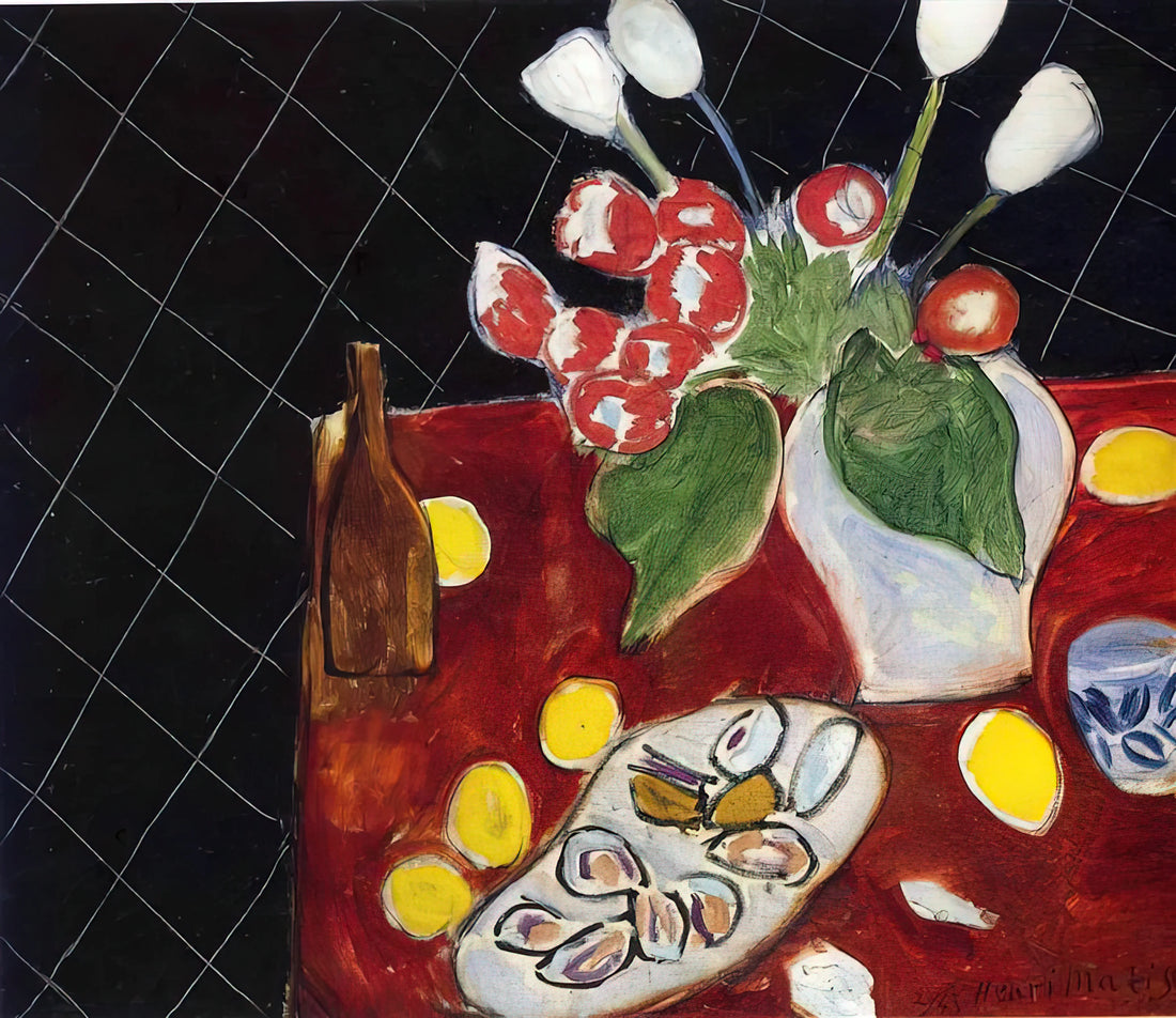Henri Matisse Acrylic Print: A Modern Collector's Guide to Vibrant Masterpieces - TULIPS AND OYSTERS ON A BLACK BACKGROUND 1943 by Henri Matisse
