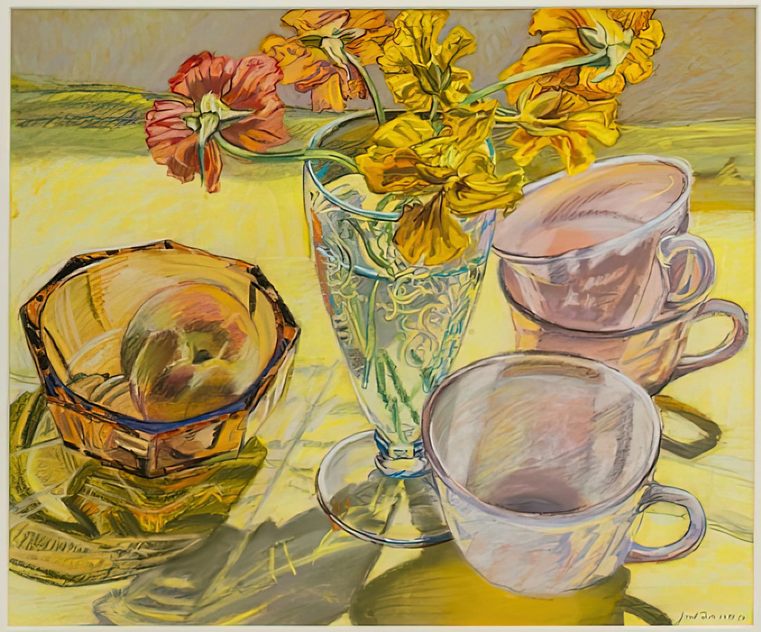 Janet Fish Watercolor Paintings: A Masterful Study of Light and Transparency - NASTURTIUMS AND PINK CUPS 1981 by Janet Fish