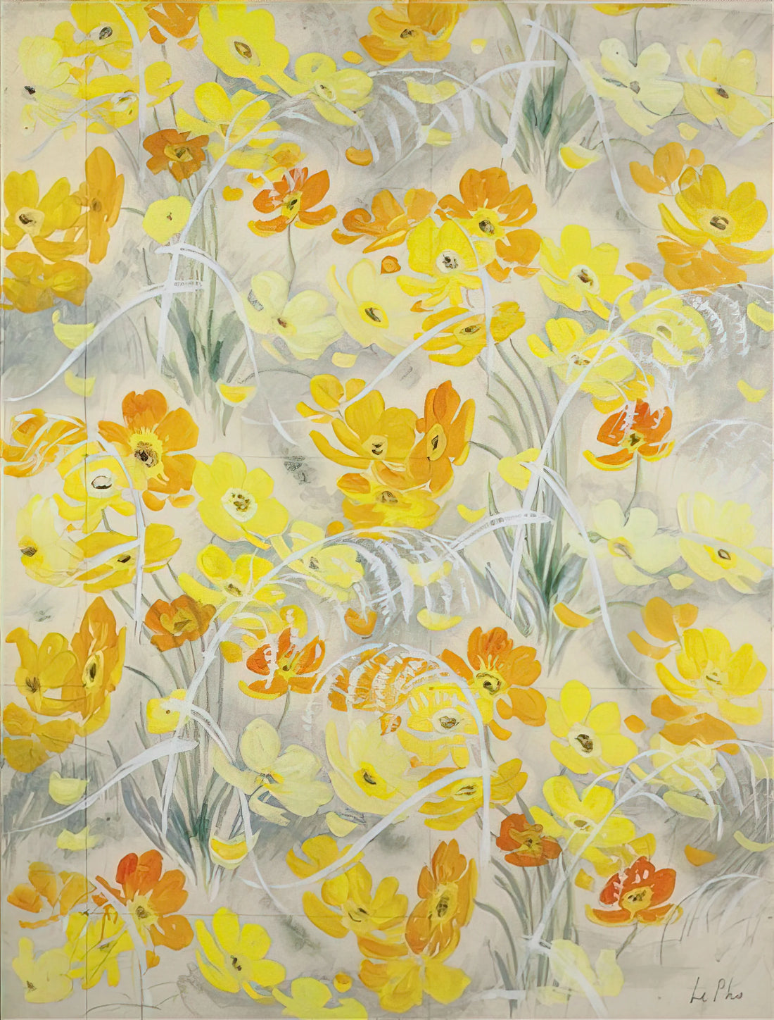 Lê Phổ Painting: The Lyrical Fusion of Vietnamese Tradition and French Modernism - Orange and Yellow Flowers - Post-Impressionism by Le Pho