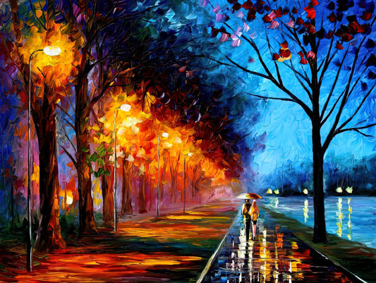 Leonid Afremov's Rainy Encounter: A Vibrant Exploration of Urban Romance and Artistic Technique - Leonid Afremov by Leonid Afremov