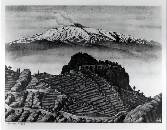 M.C. Escher Originals: The Mind-Bending Art of a Mathematical Visionary - CASTEL MOLA AND MOUNT ETNA SICILY DECEMBER 1932 1932 by MC Escher