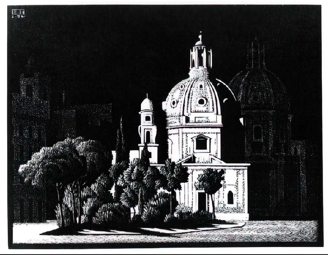 M.C. Escher's Famous Artwork: A Journey Through Impossible Worlds and Mathematical Beauty - NOCTURNAL ROME 1 by MC Escher