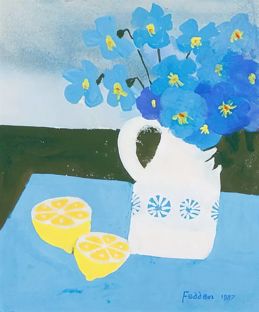 Mary Fedden Paintings for Sale: A Collector's Guide to Her Joyful Modern Art - Flowers in a vase with lemon - 1987 by Mary Fedden