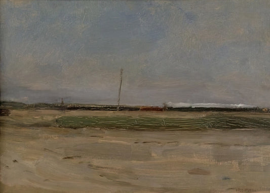 Mondrian Landscape: The Early Naturalism That Shaped an Abstract Pioneer - Polder Landscape with a Train and a Small Windmill on the Horizon by Piet Mondrian